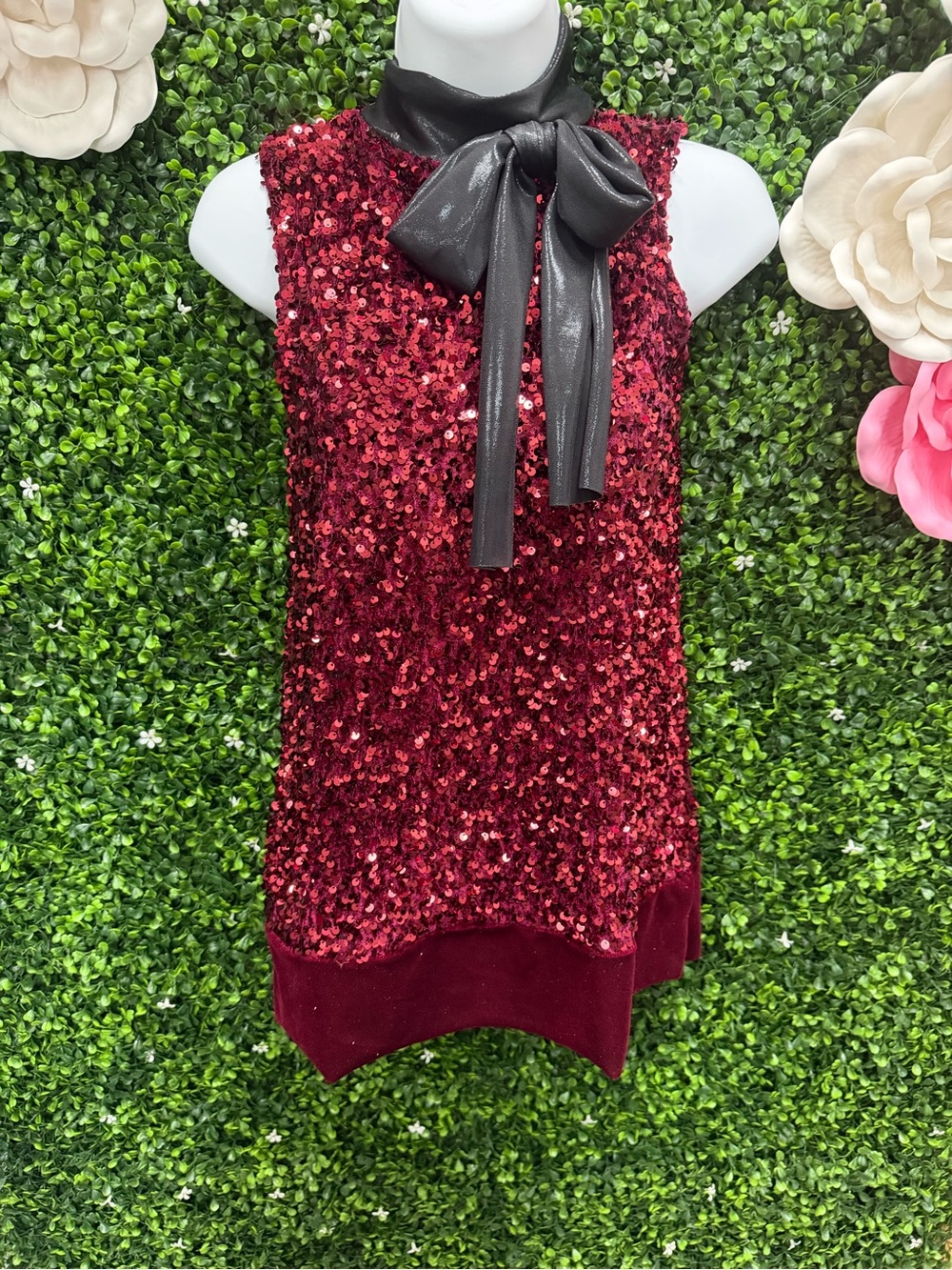 Girls' Sequin Red Party Dress with Black Bow Neck